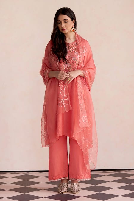 One Not Two Coral Organza Embroidered Sequins And Beaded Dupatta 