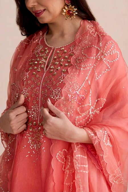 Shop One Not Two Coral Organza Sequins, Beads And Embroidered Dupatta at Aza Fashions Shop_One Not Two_Coral Organza Sequins, Beads And Embroidered Dupatta _at_Aza_Fashions