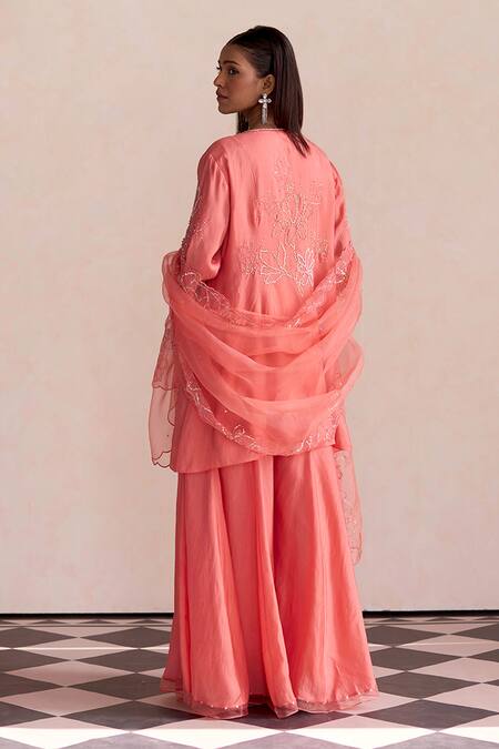 Shop_One Not Two_Coral Organza Embroidered Dupatta _at_Aza_Fashions