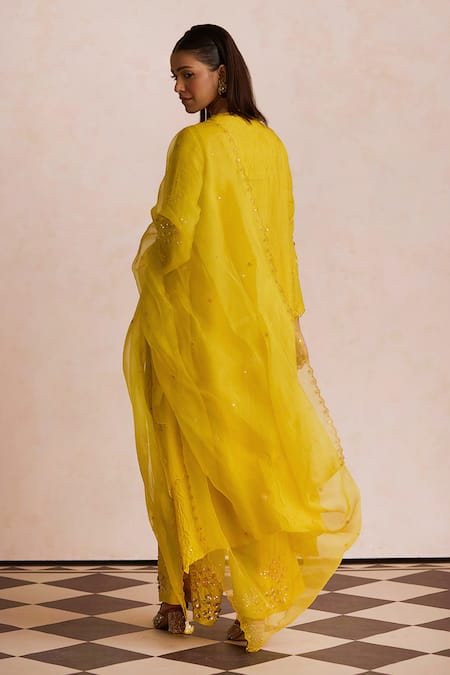 Shop_One Not Two_Yellow Organza Embroidery Scalloped Dupatta _at_Aza_Fashions