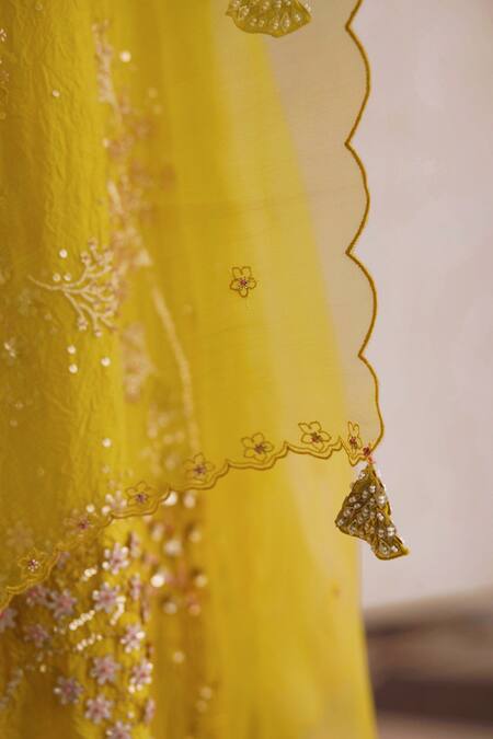 One Not Two_Yellow Organza Embroidery Scalloped Dupatta _Online_at_Aza_Fashions