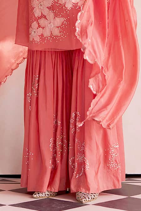 One Not Two_Coral Silk Sequins, Beads Embroidered Scalloped Dupatta _Online_at_Aza_Fashions