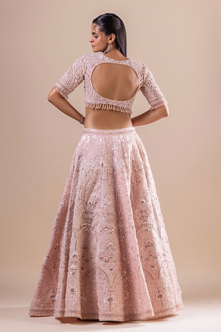 Shop_Raj Arora_Pink Silk Sequins, Crystals, Embroidery V-neck Swarovski Lehenga Set _at_Aza_Fashions