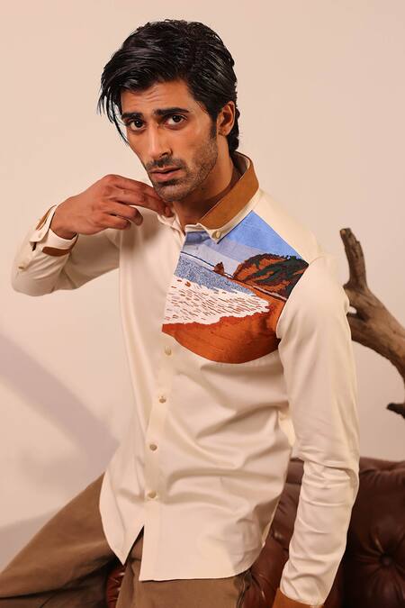 Shop Abkasa Beige Cotton Embroidery Josephine Shirt Online at Aza Fashions Shop_Abkasa_Beige Cotton Embroidery Josephine Shirt _Online_at_Aza_Fashions