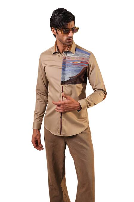 Abkasa_Brown Cotton Embroidery Oppenheimer Shirt _Online_at_Aza_Fashions