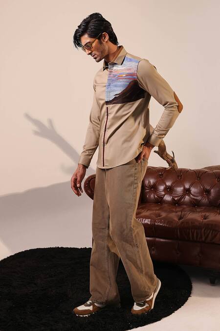 Buy_Abkasa_Brown Cotton Embroidery Oppenheimer Shirt _Online_at_Aza_Fashions