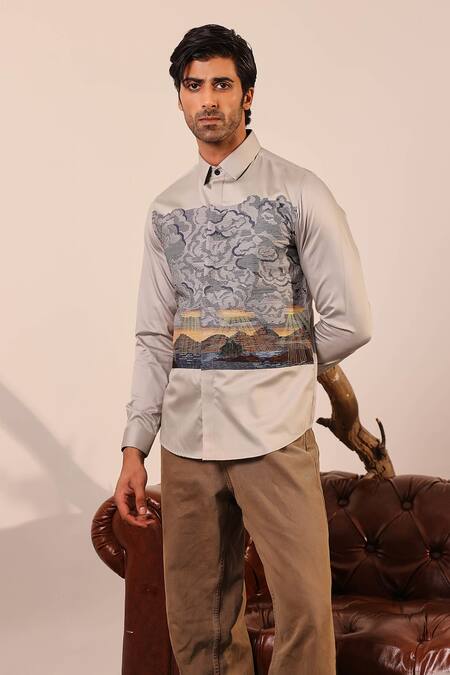 Buy_Abkasa_Grey 100% Cotton Embroidery Thread Landscape Shirt _Online_at_Aza_Fashions