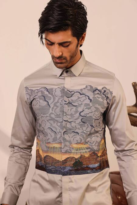 Shop_Abkasa_Grey 100% Cotton Embroidery Thread Landscape Shirt _Online_at_Aza_Fashions