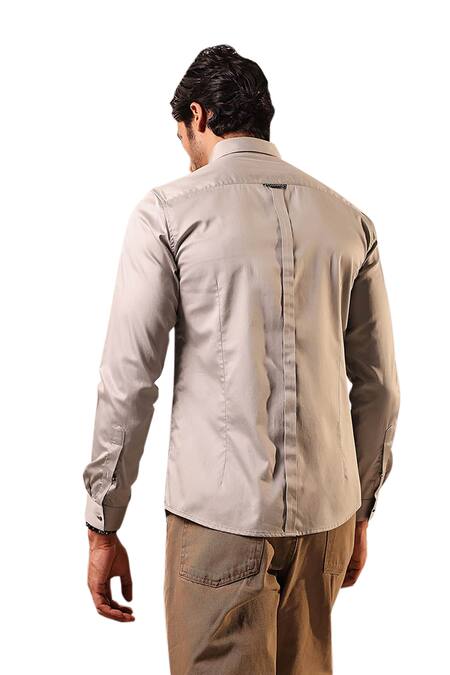 Abkasa_Grey 100% Cotton Embroidery Thread Landscape Shirt _at_Aza_Fashions