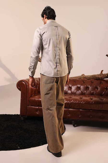 Shop_Abkasa_Grey 100% Cotton Embroidery Thread Landscape Shirt _at_Aza_Fashions