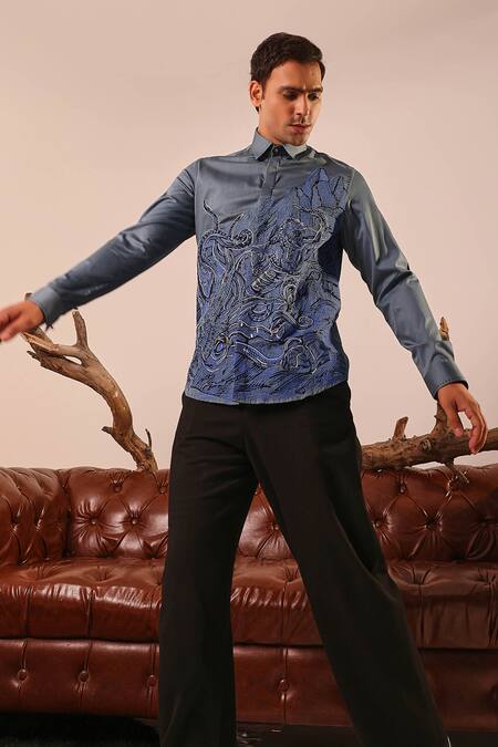 Buy Abkasa Blue Cotton Embroidery Argonaut Shirt Online at Aza Fashions Buy_Abkasa_Blue Cotton Embroidery Argonaut Shirt _Online_at_Aza_Fashions
