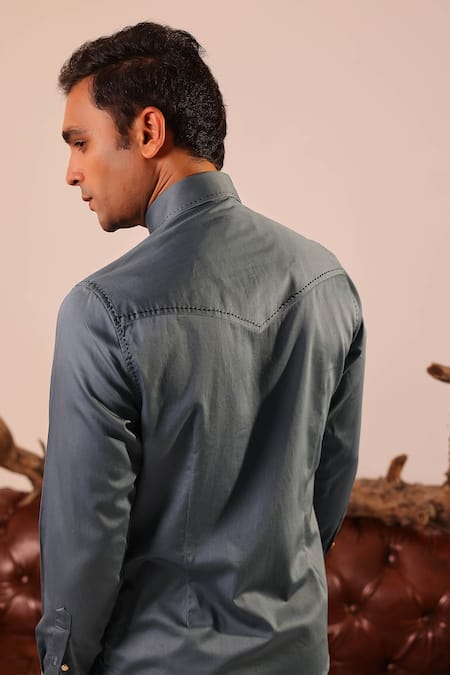 Shop Abkasa Blue Cotton Embroidery Argonaut Shirt at Aza Fashions Shop_Abkasa_Blue Cotton Embroidery Argonaut Shirt _at_Aza_Fashions