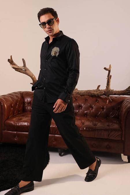 Abkasa Black Cotton Zari Salvator Embroidered Shirt Online at Aza Fashions Abkasa_Black Cotton Zari Salvator Embroidered Shirt _Online_at_Aza_Fashions