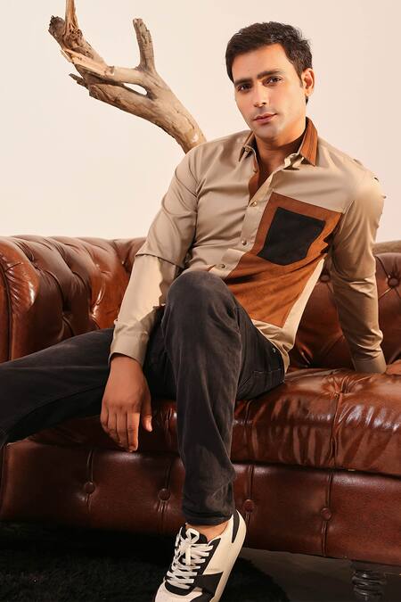 Abkasa_Beige Cotton Patchwork Christie Color Block Shirt _Online_at_Aza_Fashions