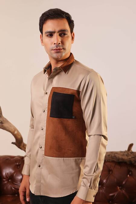 Buy_Abkasa_Beige Cotton Patchwork Christie Color Block Shirt _Online_at_Aza_Fashions