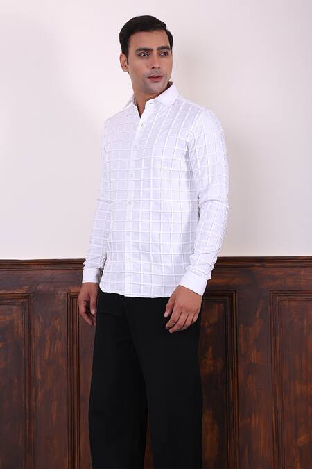 Buy Abkasa White Polyester, Viscose Folio Square Pattern Shirt Online at Aza Fashions Buy_Abkasa_White Polyester, Viscose Folio Square Pattern Shirt _Online_at_Aza_Fashions