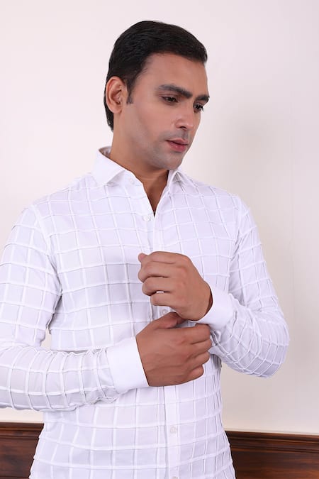 Shop Abkasa White Polyester, Viscose Folio Square Pattern Shirt Online at Aza Fashions Shop_Abkasa_White Polyester, Viscose Folio Square Pattern Shirt _Online_at_Aza_Fashions