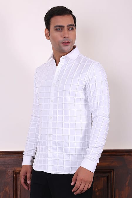 Abkasa_White Polyester, Viscose Folio Square Pattern Shirt _at_Aza_Fashions