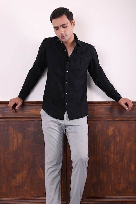 Abkasa Black Polyester, Viscose Orbium Square Pattern Shirt Online at Aza Fashions Abkasa_Black Polyester, Viscose Orbium Square Pattern Shirt _Online_at_Aza_Fashions