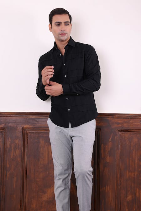 Buy Abkasa Black Polyester, Viscose Orbium Square Pattern Shirt Online at Aza Fashions Buy_Abkasa_Black Polyester, Viscose Orbium Square Pattern Shirt _Online_at_Aza_Fashions