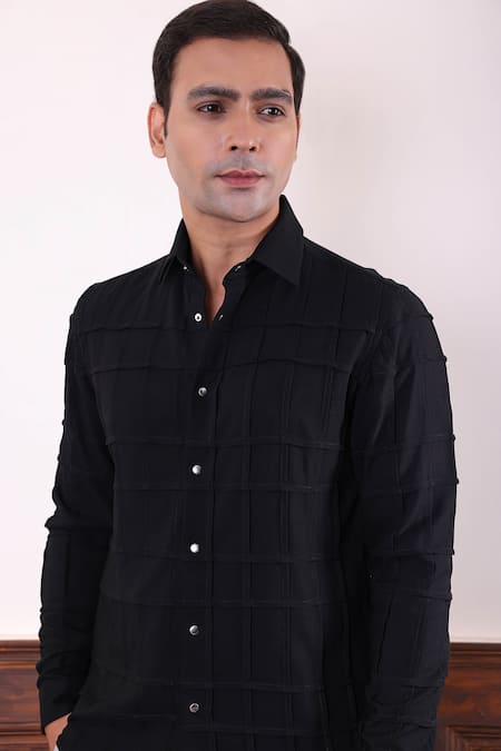 Shop Abkasa Black Polyester, Viscose Orbium Square Pattern Shirt Online at Aza Fashions Shop_Abkasa_Black Polyester, Viscose Orbium Square Pattern Shirt _Online_at_Aza_Fashions