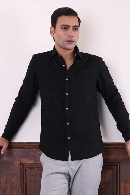 Abkasa_Black Polyester, Viscose Orbium Square Pattern Shirt _at_Aza_Fashions