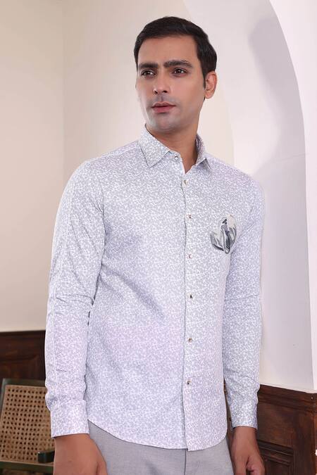 Buy_Abkasa_White 100% Cotton Print Floral Aleppo Embroidered Shirt _Online_at_Aza_Fashions