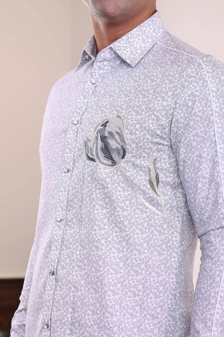 Shop_Abkasa_White 100% Cotton Print Floral Aleppo Embroidered Shirt _Online_at_Aza_Fashions