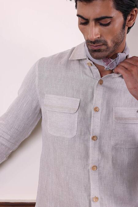 Abkasa_White 100% Pure Linen Embroidery Zari Zhao Shirt _at_Aza_Fashions