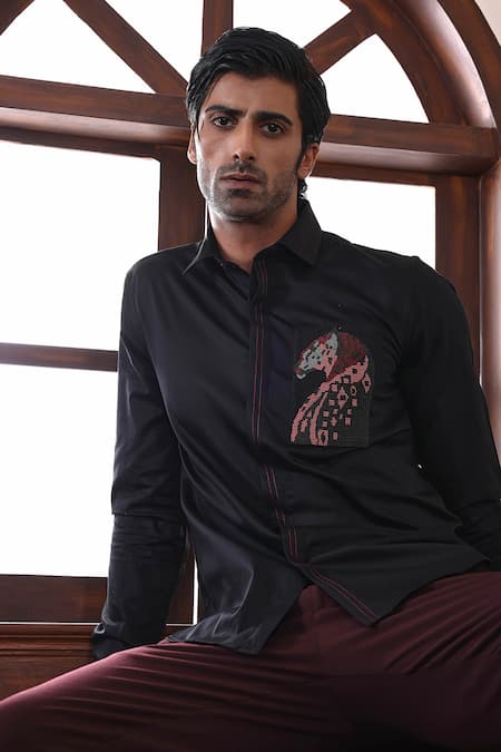 Abkasa_Black Cotton Embroidery, Beads Rothschild Shirt _Online_at_Aza_Fashions
