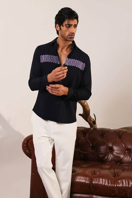 Abkasa_Black Polyester, Viscose Lace Pierre Embroidered Shirt _Online_at_Aza_Fashions