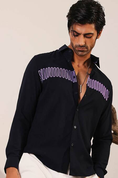 Shop_Abkasa_Black Polyester, Viscose Lace Pierre Embroidered Shirt _Online_at_Aza_Fashions