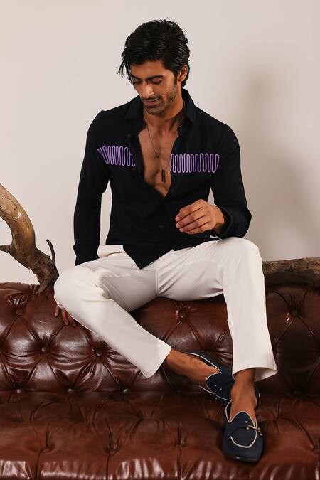 Abkasa_Black Polyester, Viscose Lace Pierre Embroidered Shirt _at_Aza_Fashions