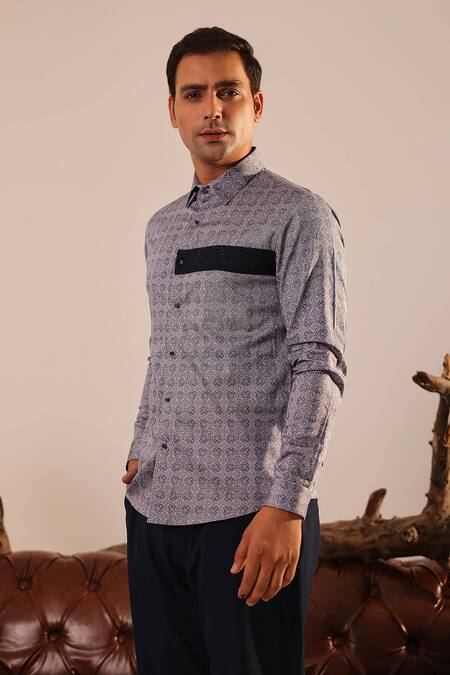 Buy_Abkasa_Grey 100% Cotton Embroidery Kaleidoscope Print Shirt _Online_at_Aza_Fashions