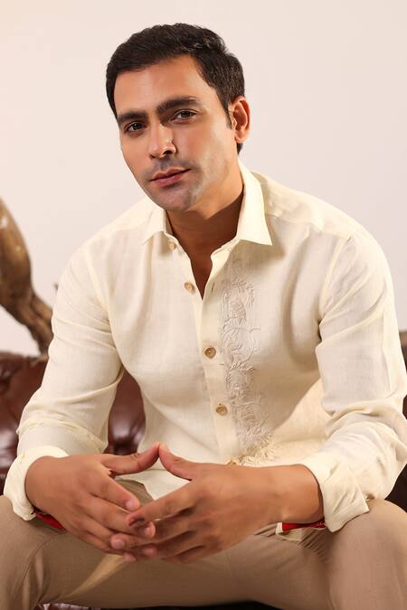 Buy_Abkasa_Peach Linen Embroidery Mirak Floral Shirt _Online_at_Aza_Fashions