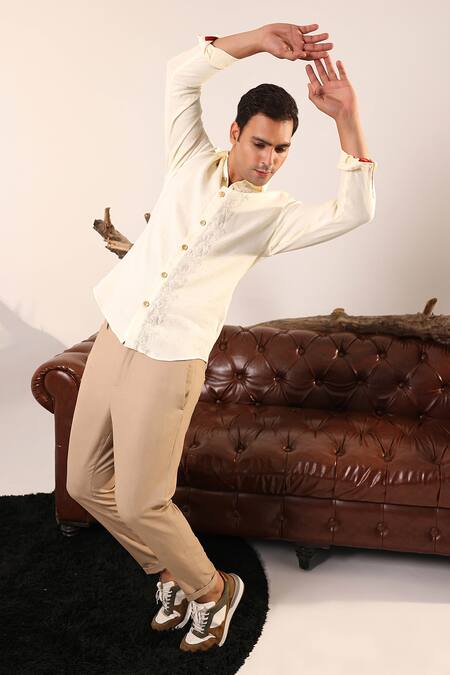 Shop_Abkasa_Peach Linen Embroidery Mirak Floral Shirt _Online_at_Aza_Fashions