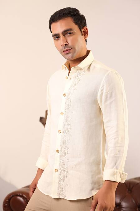 Abkasa_Peach Linen Embroidery Mirak Floral Shirt _at_Aza_Fashions