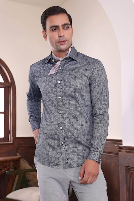 Buy_Abkasa_Grey 100% Cotton Print Geometric Lincoln Shirt _Online_at_Aza_Fashions