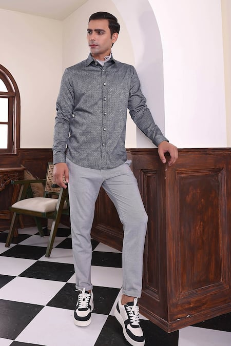 Abkasa Grey 100% Cotton Print Geometric Lincoln Shirt 