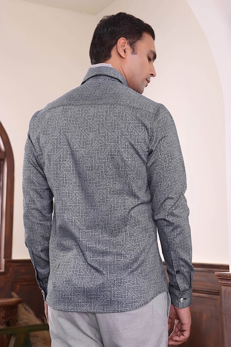 Shop_Abkasa_Grey 100% Cotton Print Geometric Lincoln Shirt _at_Aza_Fashions