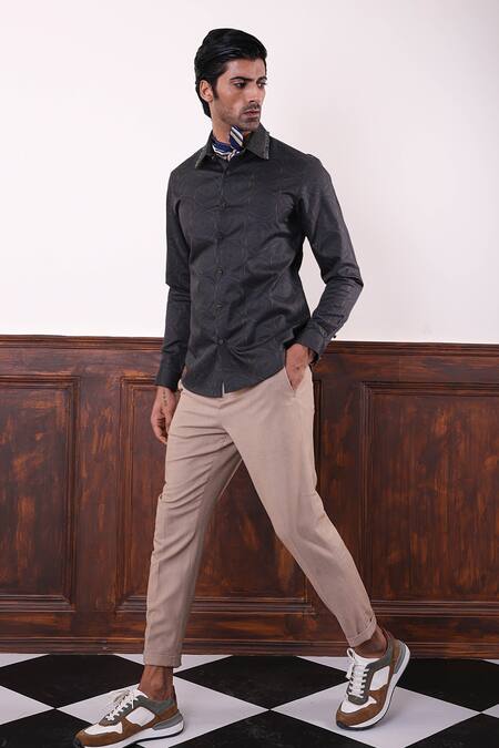 Abkasa Black Cotton Embroidery Sergei Abstract Print Shirt Online at Aza Fashions Abkasa_Black Cotton Embroidery Sergei Abstract Print Shirt _Online_at_Aza_Fashions