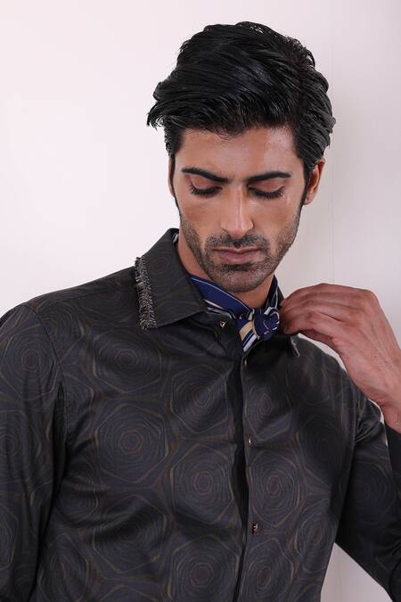 Shop Abkasa Black Cotton Embroidery Sergei Abstract Print Shirt Online at Aza Fashions Shop_Abkasa_Black Cotton Embroidery Sergei Abstract Print Shirt _Online_at_Aza_Fashions