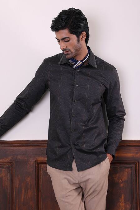 Abkasa Black Cotton Embroidery Sergei Abstract Print Shirt at Aza Fashions Abkasa_Black Cotton Embroidery Sergei Abstract Print Shirt _at_Aza_Fashions
