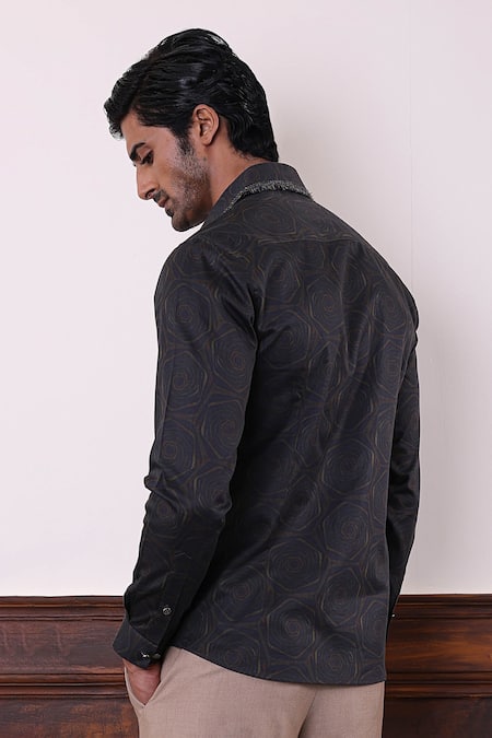 Shop Abkasa Black Cotton Embroidery Sergei Abstract Print Shirt at Aza Fashions Shop_Abkasa_Black Cotton Embroidery Sergei Abstract Print Shirt _at_Aza_Fashions