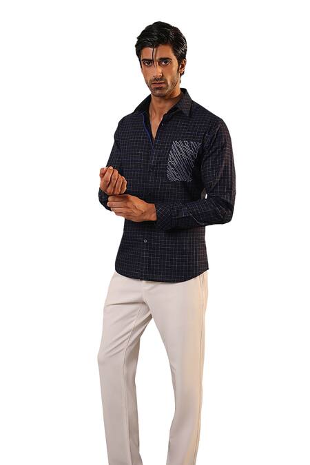 Abkasa_Black Cotton, Linen Embroidery Evelyn Checkered Shirt _Online_at_Aza_Fashions