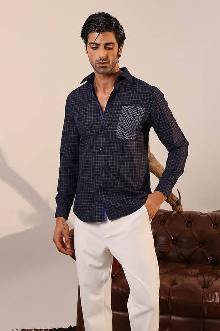 Buy_Abkasa_Black Cotton, Linen Embroidery Evelyn Checkered Shirt _Online_at_Aza_Fashions