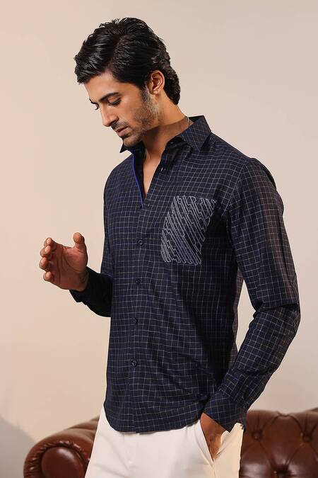 Shop_Abkasa_Black Cotton, Linen Embroidery Evelyn Checkered Shirt _Online_at_Aza_Fashions