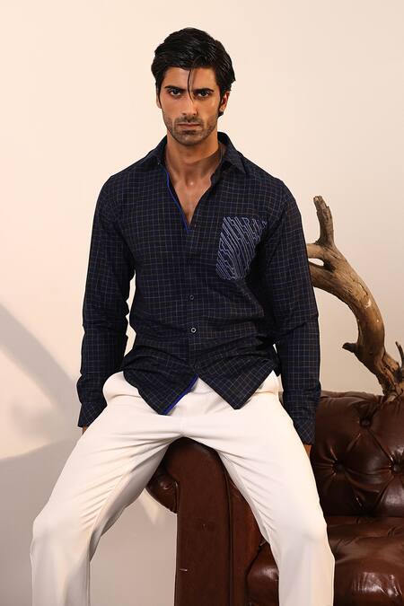 Abkasa_Black Cotton, Linen Embroidery Evelyn Checkered Shirt _at_Aza_Fashions