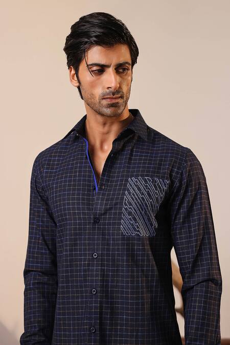 Buy_Abkasa_Black Cotton, Linen Embroidery Evelyn Checkered Shirt 