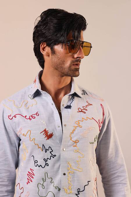 Shop Abkasa White Cotton Embroidery Casanova Thread Shirt Online at Aza Fashions Shop_Abkasa_White Cotton Embroidery Casanova Thread Shirt _Online_at_Aza_Fashions